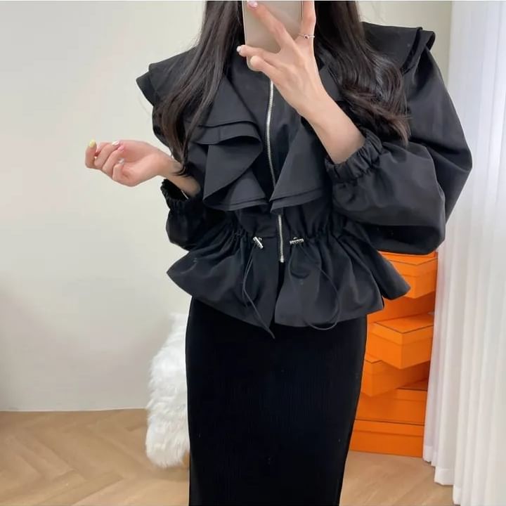 Puff-Sleeve Crewneck Ruffle Crop Blouse SpreePicky