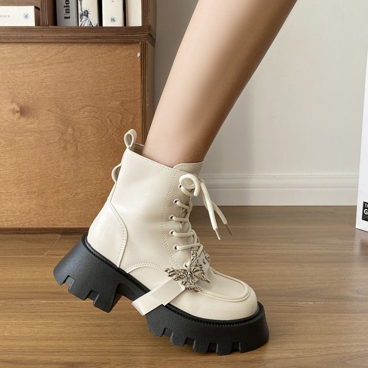 Butterfly Accent Lace-Up Platform Short Boots SpreePicky