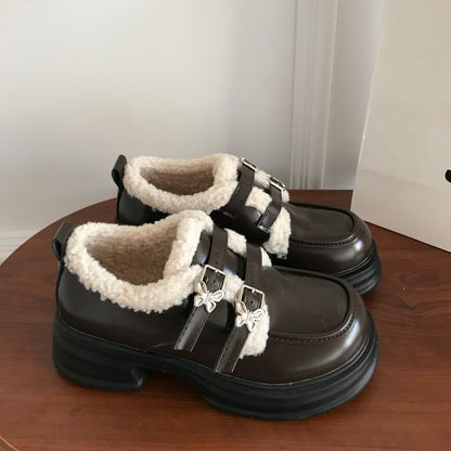 Buckled Fleece-Lined Platform Loafers SpreePicky