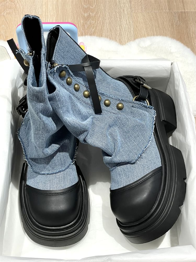 Platform Washed Denim Panel Short Boots SpreePicky