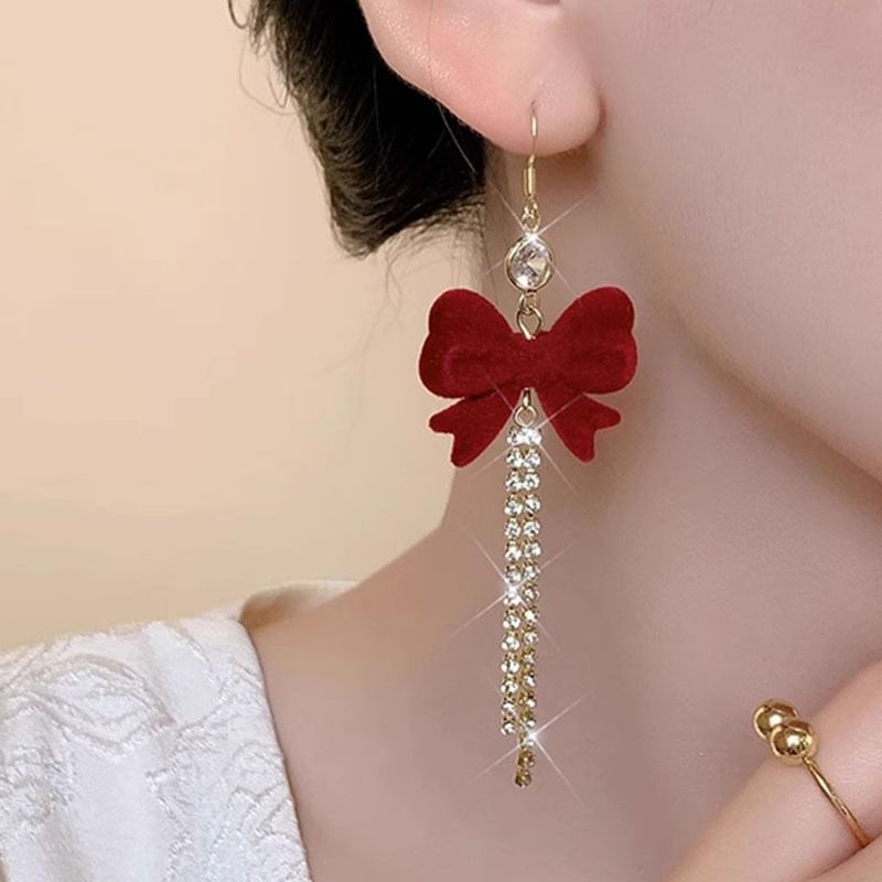 Flocking Bow Rhinestone Alloy Threader Earring SpreePicky