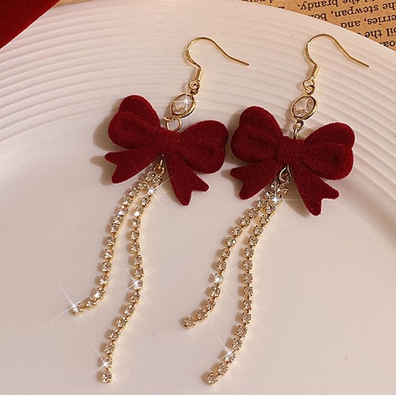 Flocking Bow Rhinestone Alloy Threader Earring SpreePicky