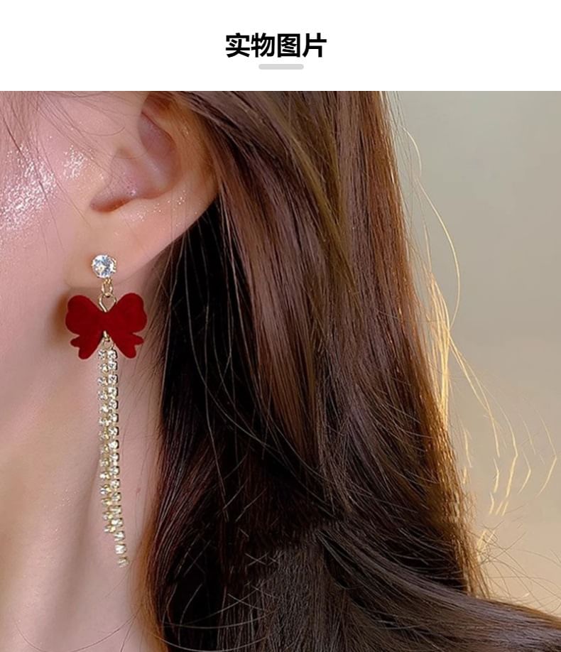 Flocking Bow Rhinestone Alloy Threader Earring SpreePicky