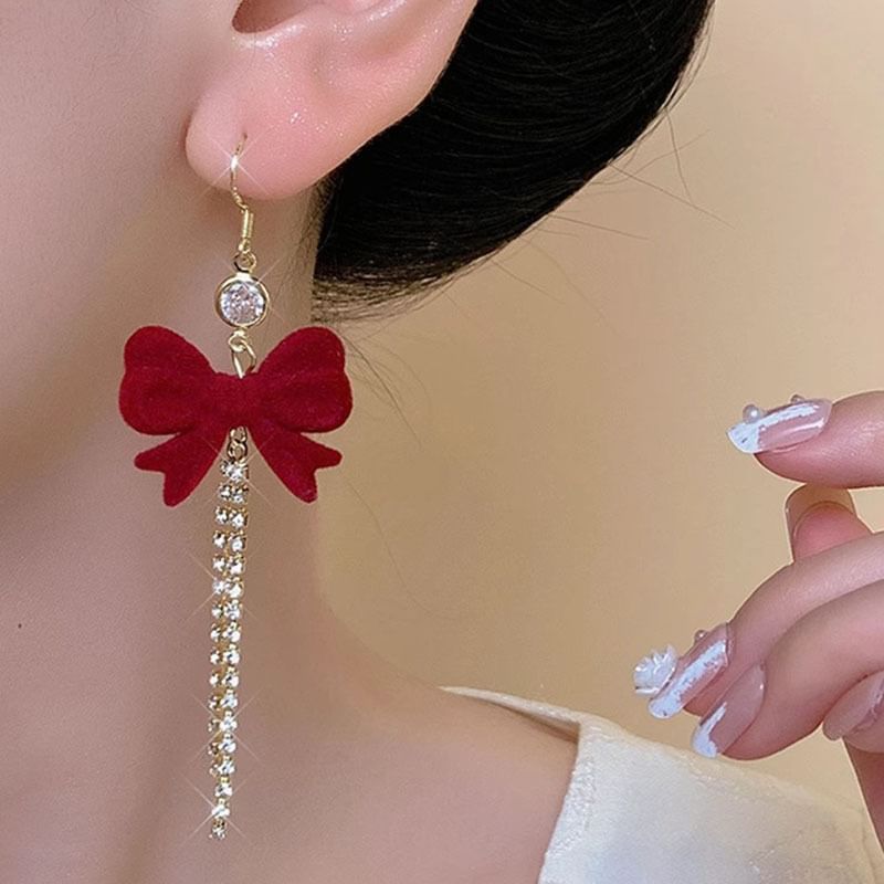 Flocking Bow Rhinestone Alloy Threader Earring SpreePicky