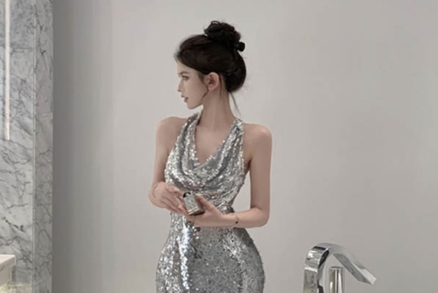 Halter Neck  Plain Sequin Mermaid  Evening Gown SpreePicky