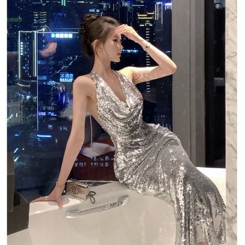 Halter Neck  Plain Sequin Mermaid  Evening Gown SpreePicky