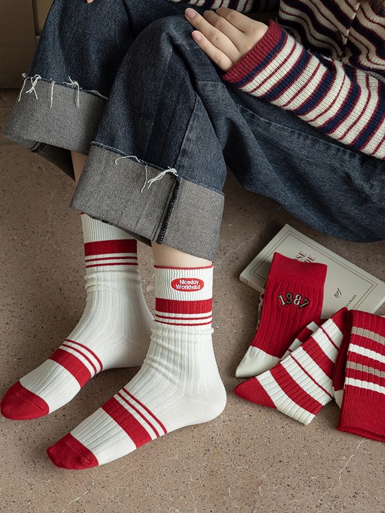 Striped Socks / Letter Embroidered Socks / Set SpreePicky