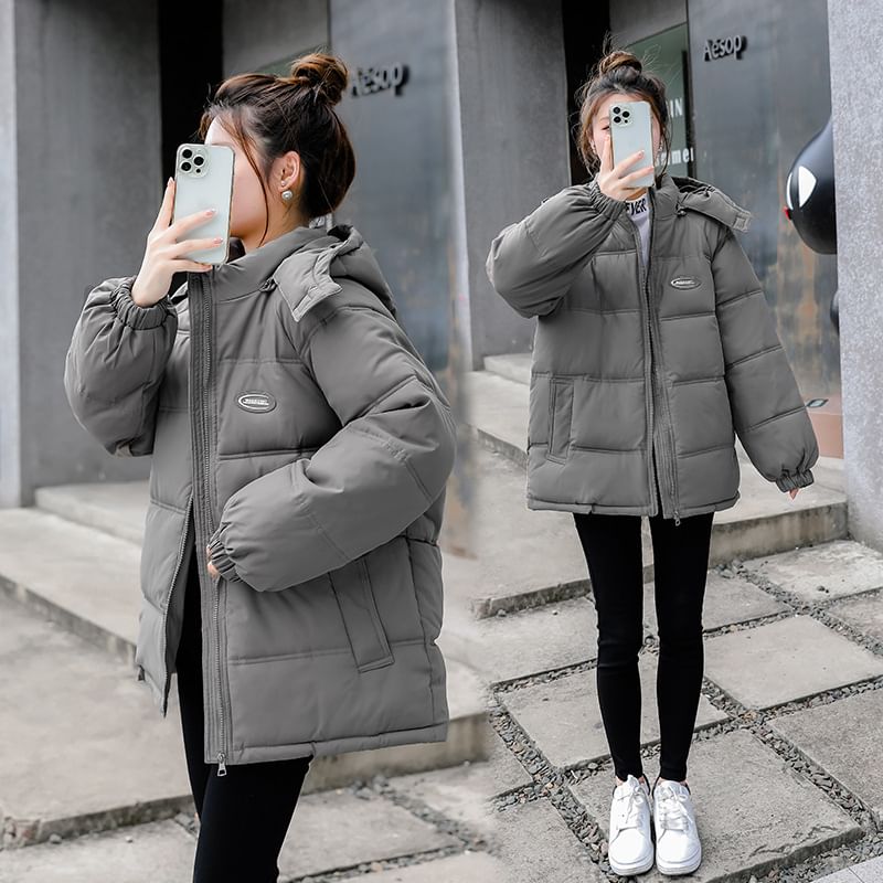 Hooded Lettering Puffer Jacket SpreePicky