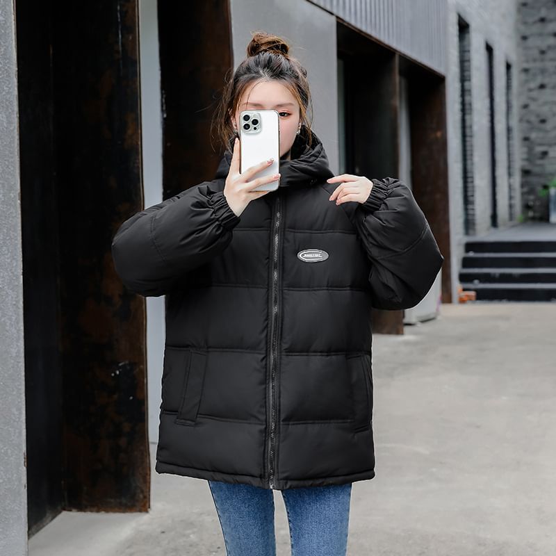 Hooded Lettering Puffer Jacket SpreePicky