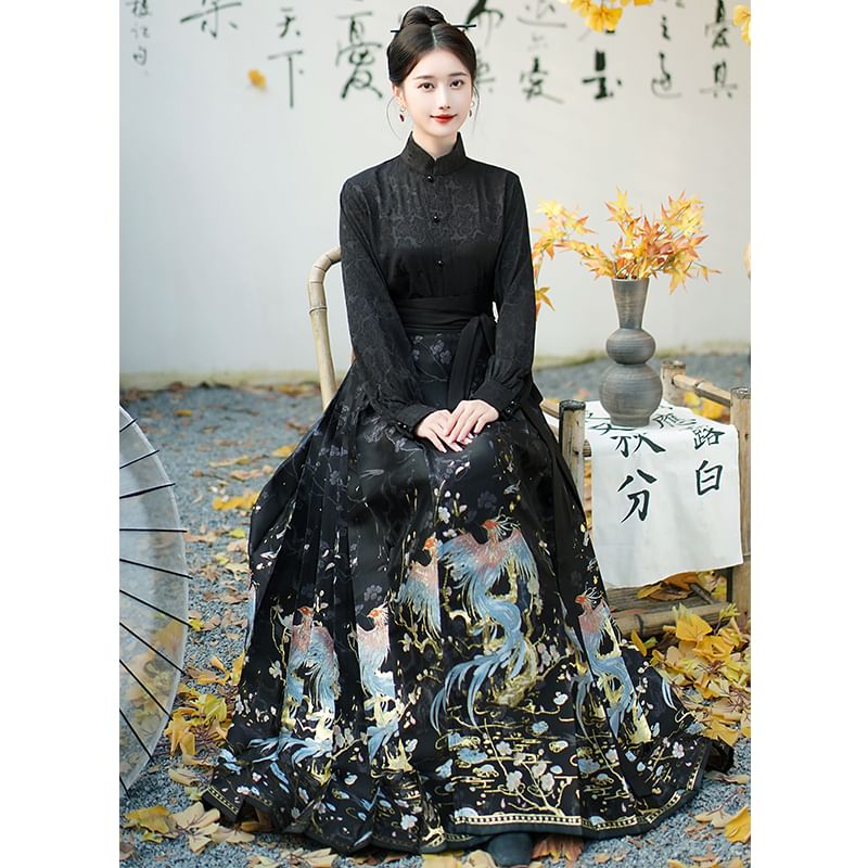 Traditional Chinese Long-Sleeve Stand Collar Plain Floral Jacquard Button-Up Top / High Rise Print Pleated Maxi A-Line Skirt SpreePicky