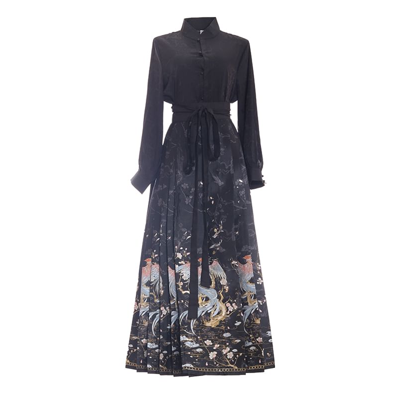 Traditional Chinese Long-Sleeve Stand Collar Plain Floral Jacquard Button-Up Top / High Rise Print Pleated Maxi A-Line Skirt SpreePicky