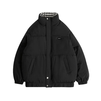 Stand Collar Checkerboard Panel Padded Zip Jacket SpreePicky