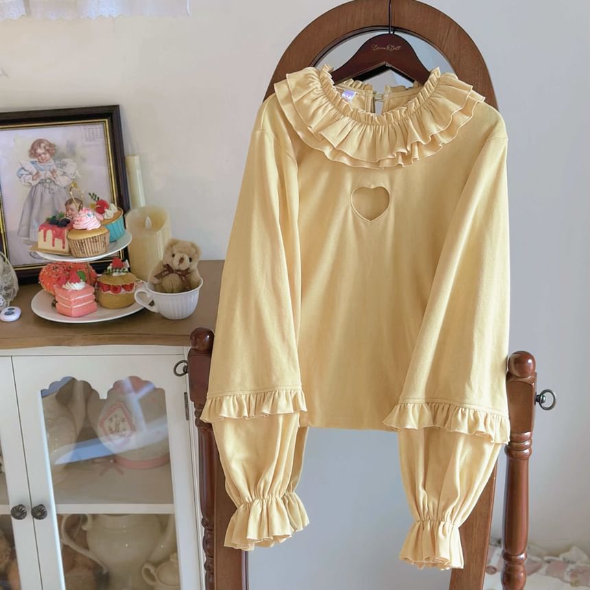 Puff-Sleeve High Neck Plain Ruffled Blouse SpreePicky