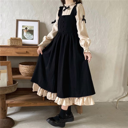 Puff-Sleeve High Neck Plain Bow Ruffled Midi A-Line Dress / Midi Overall Dress SpreePicky