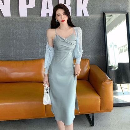 Spaghetti Strap V-Neck Plain Ruched Satin Slit Midi Sheath Dress SpreePicky