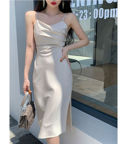 Spaghetti Strap V-Neck Plain Ruched Satin Slit Midi Sheath Dress SpreePicky