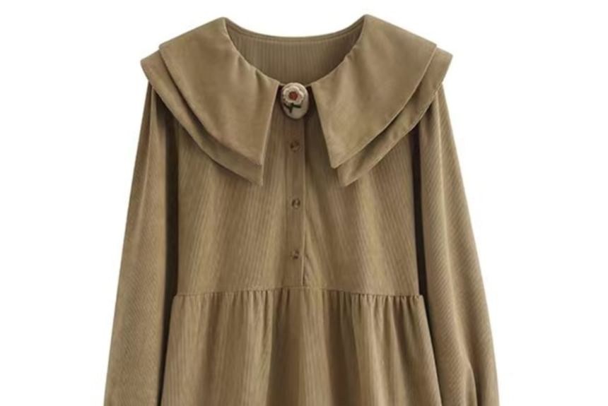 Long-Sleeve Collar Plain Corduroy Midi A-Line Dress mySite