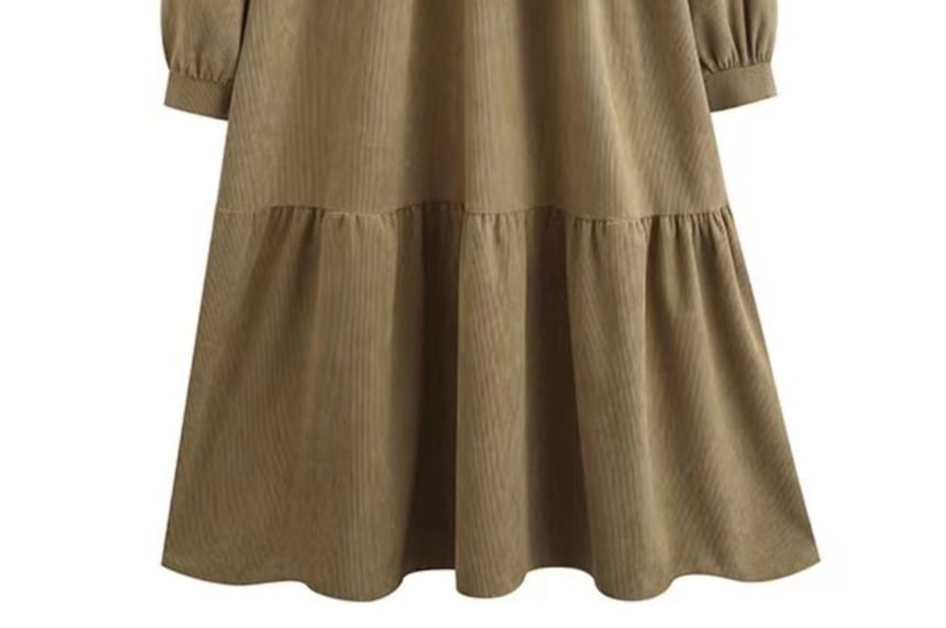 Long-Sleeve Collar Plain Corduroy Midi A-Line Dress mySite