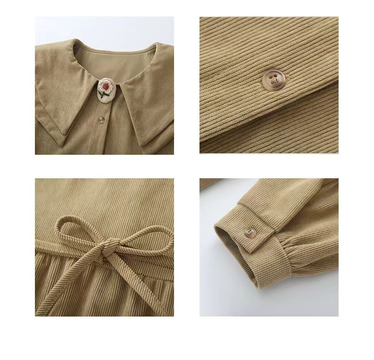 Long-Sleeve Collar Plain Corduroy Midi A-Line Dress mySite