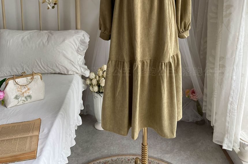 Long-Sleeve Collar Plain Corduroy Midi A-Line Dress mySite