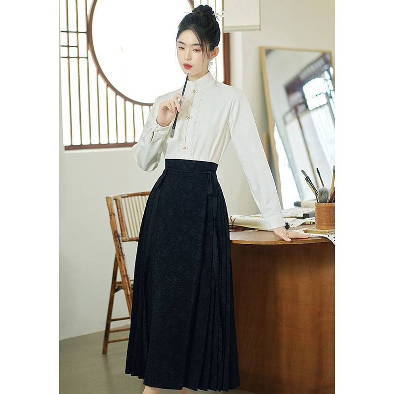 Band Collar Hanfu Top / Mid Rise Midi A-Line Skirt SpreePicky