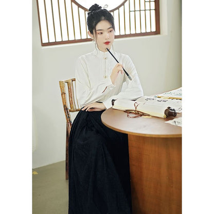 Band Collar Hanfu Top / Mid Rise Midi A-Line Skirt SpreePicky