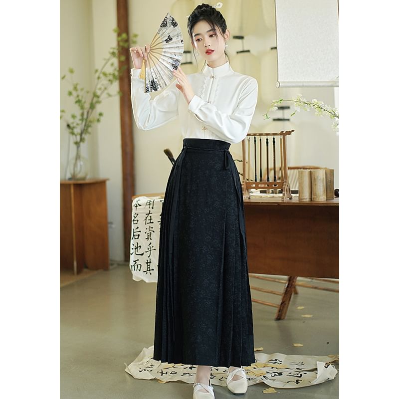 Band Collar Hanfu Top / Mid Rise Midi A-Line Skirt SpreePicky