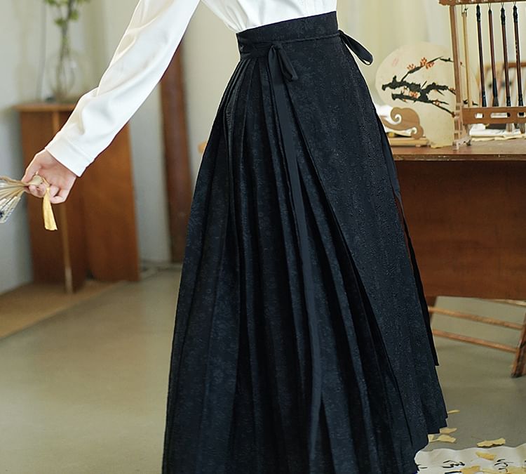 Band Collar Hanfu Top / Mid Rise Midi A-Line Skirt SpreePicky