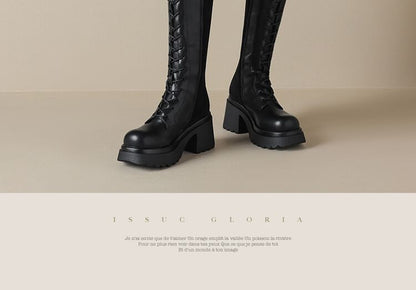 Platform Lace Up Panel Faux Suede Knee High Boots SpreePicky