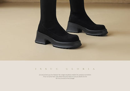 Square Toe Platform Panel Faux Suede Knee High Boots SpreePicky