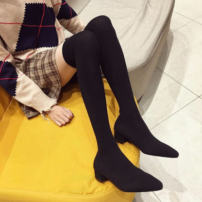 Pointy Toe Chunky Heel Over-the-Knee Sock Boots SpreePicky