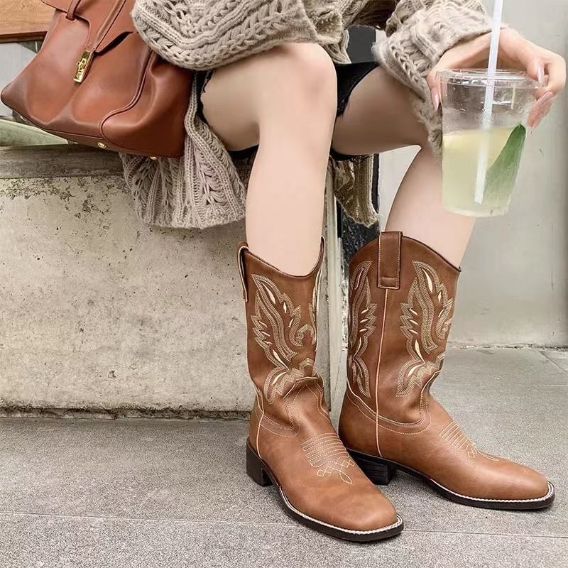 Embroidered Trim Chunky Heel Wide-Calf Mid Calf Boots mySite