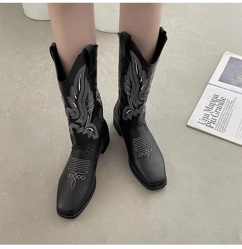 Embroidered Trim Chunky Heel Wide-Calf Mid Calf Boots mySite