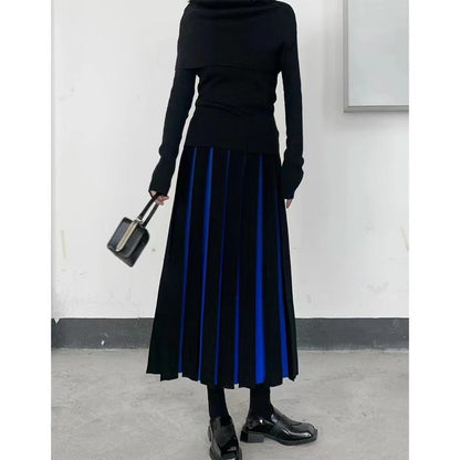 High Rise Two Tone Pleated Knit Midi A-Line Skirt SpreePicky