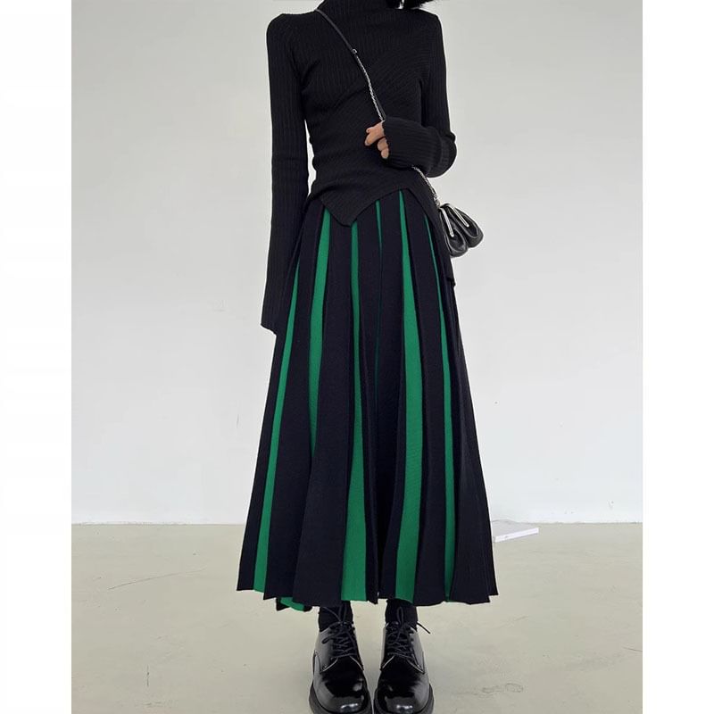 High Rise Two Tone Pleated Knit Midi A-Line Skirt SpreePicky