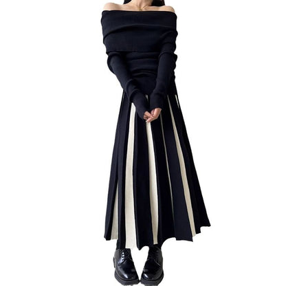 High Rise Two Tone Pleated Knit Midi A-Line Skirt SpreePicky