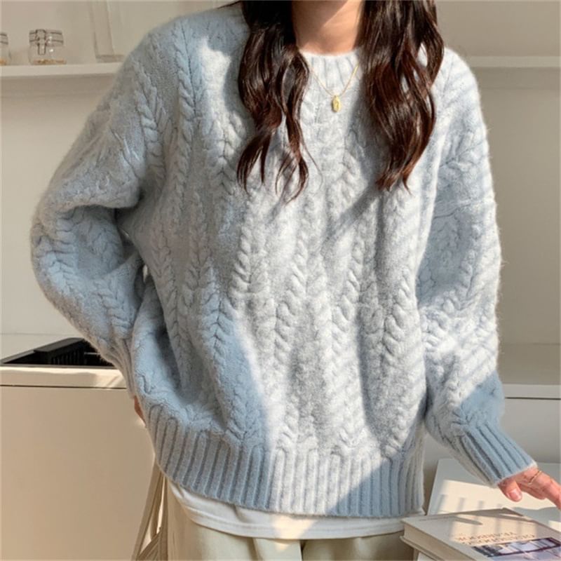 Crew Neck Plain Cable Knit Sweater SpreePicky