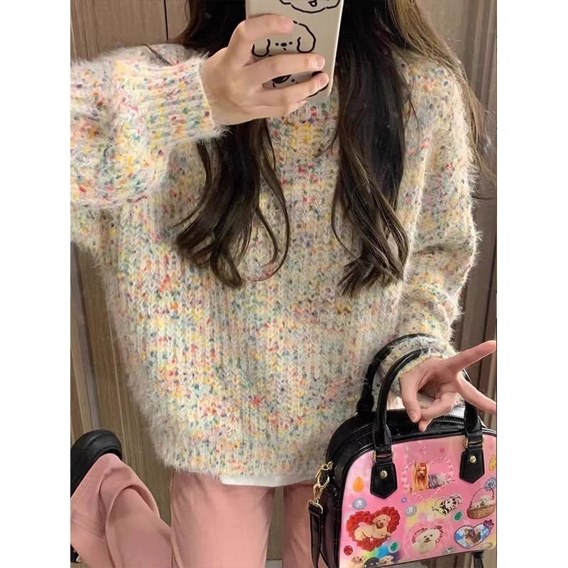 Round Neck Melange Sweater SpreePicky