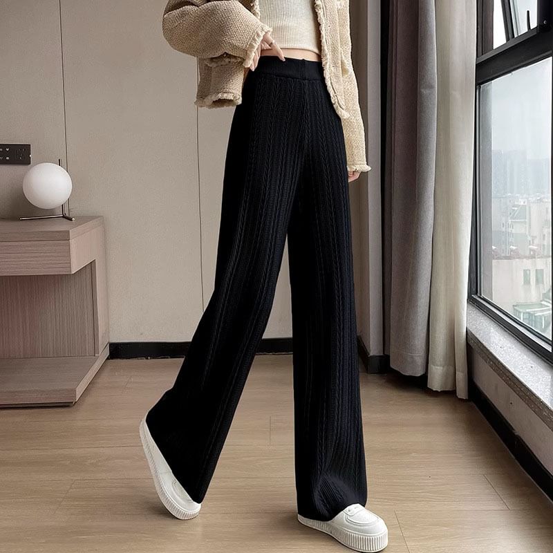 High Rise Plain Knit Wide Leg Pants SpreePicky