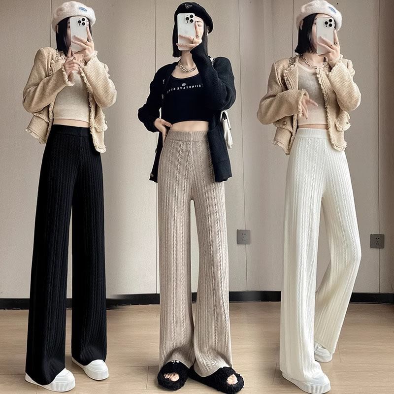 High Rise Plain Knit Wide Leg Pants SpreePicky