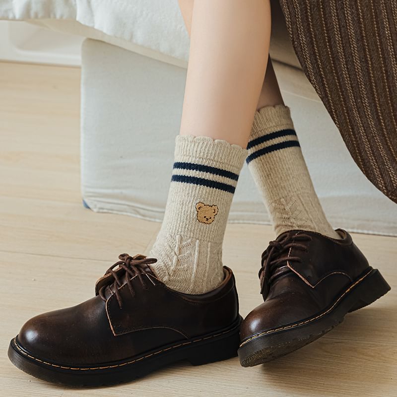 Bear Embroidered Striped Socks SpreePicky