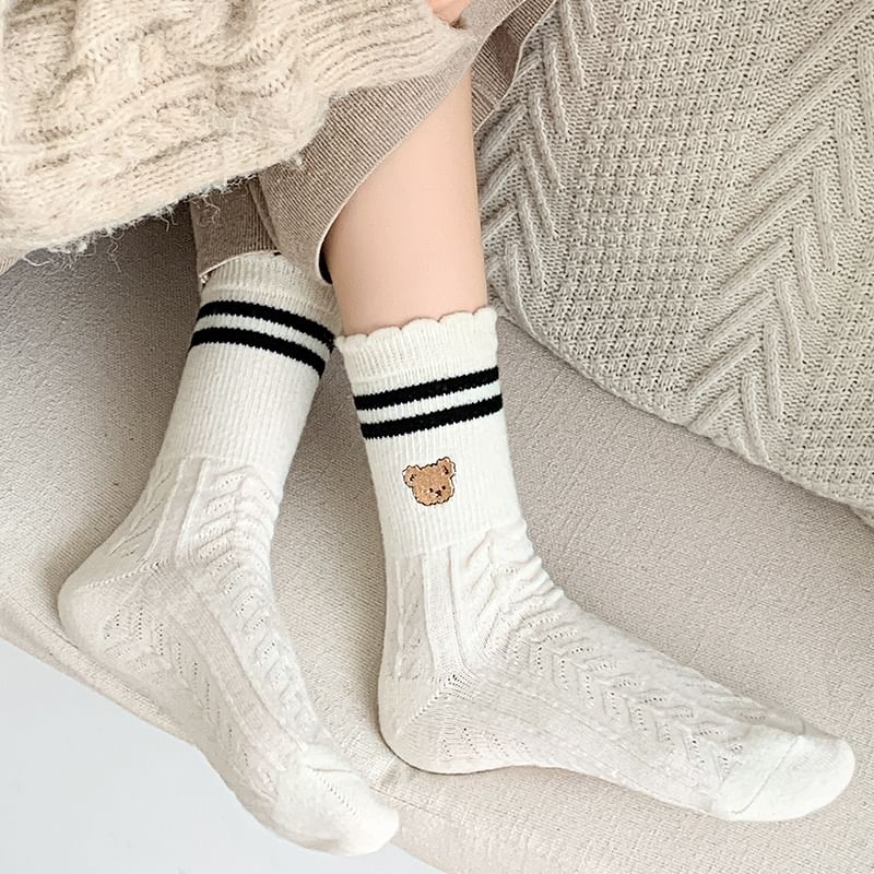 Bear Embroidered Striped Socks SpreePicky