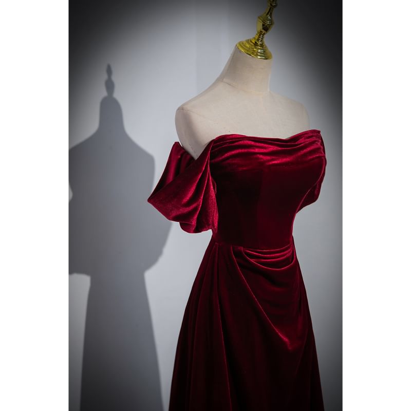 Off Shoulder Velvet A-Line Evening Gown SpreePicky