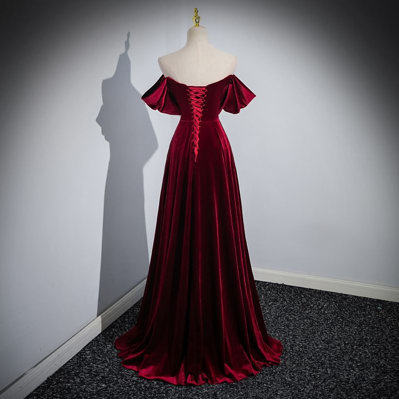 Off Shoulder Velvet A-Line Evening Gown SpreePicky