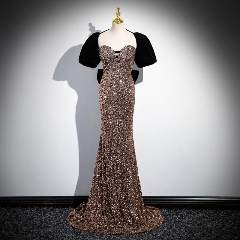 Short-Sleeve Sweetheart Neckline Sequin Trained Sheath Evening Gown SpreePicky