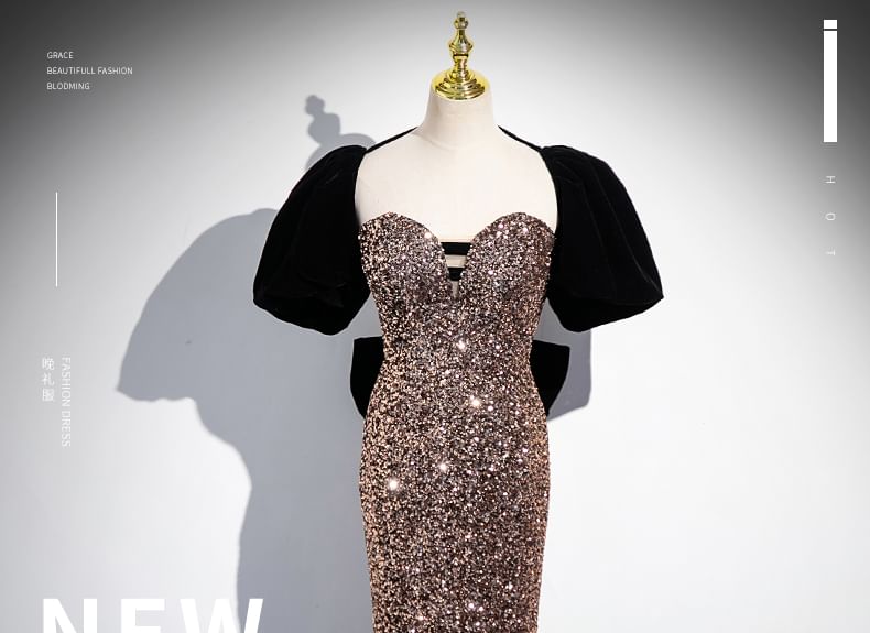 Short-Sleeve Sweetheart Neckline Sequin Trained Sheath Evening Gown SpreePicky