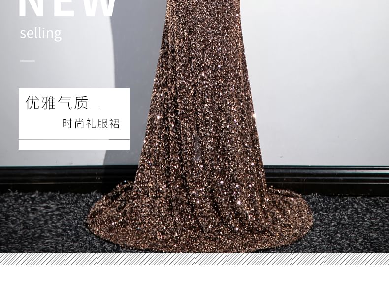 Short-Sleeve Sweetheart Neckline Sequin Trained Sheath Evening Gown SpreePicky