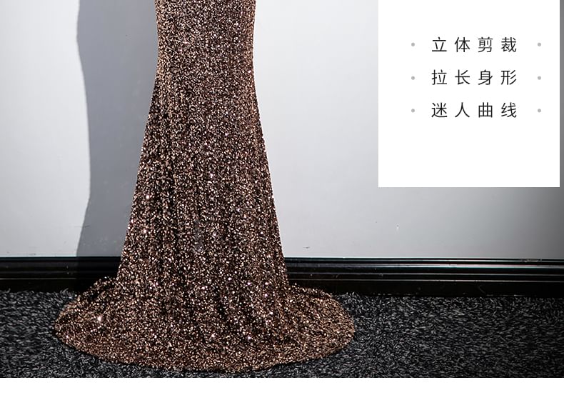 Short-Sleeve Sweetheart Neckline Sequin Trained Sheath Evening Gown SpreePicky