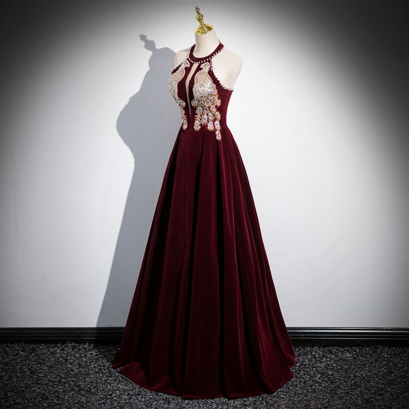 Halter Neck Velvet A-Line Evening Gown SpreePicky