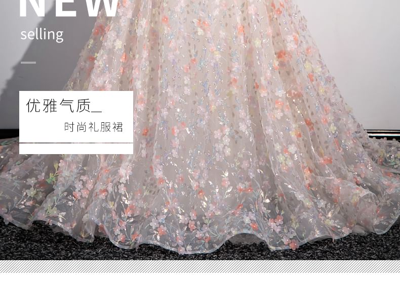 Strapless Floral Print Mesh A-Line Evening Gown SpreePicky